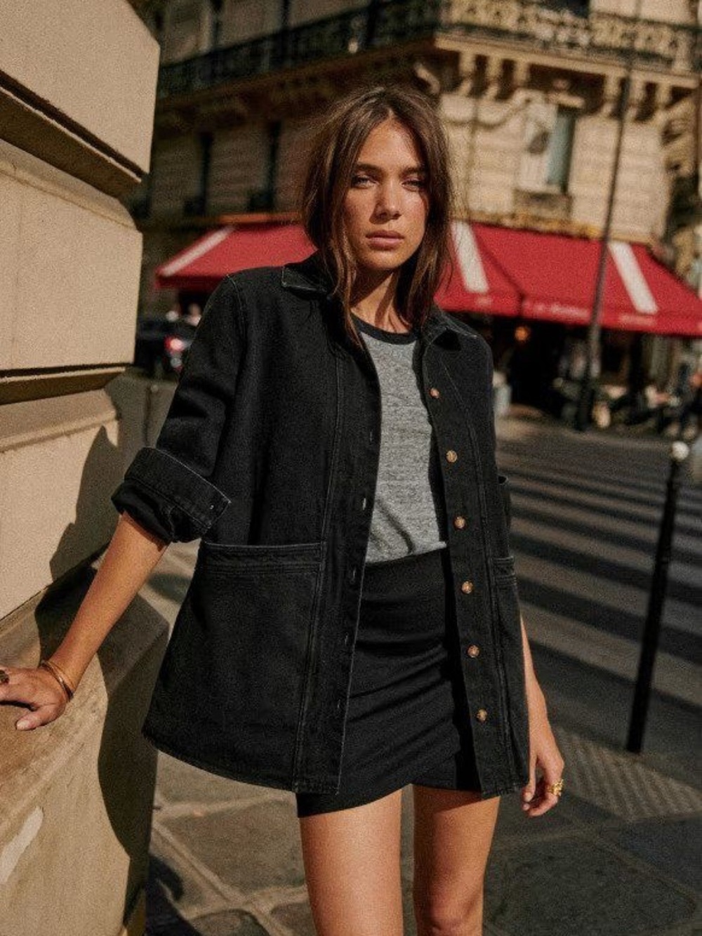 Sezane Will Jacket Black Size XL Washed Denim 100% Cotton